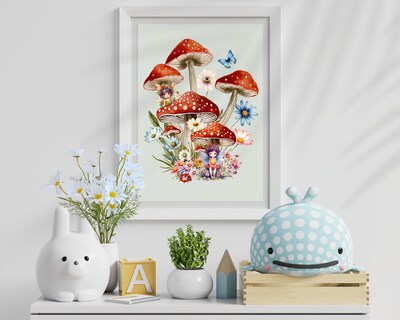 Red Mushroom Wall Art, Fairy Wall Prints, Daisy Wall Decor, Cute Mushroom  Wall Prints, Cute Fairy Nursery Print, Fairy Decor, Mushroom Lover